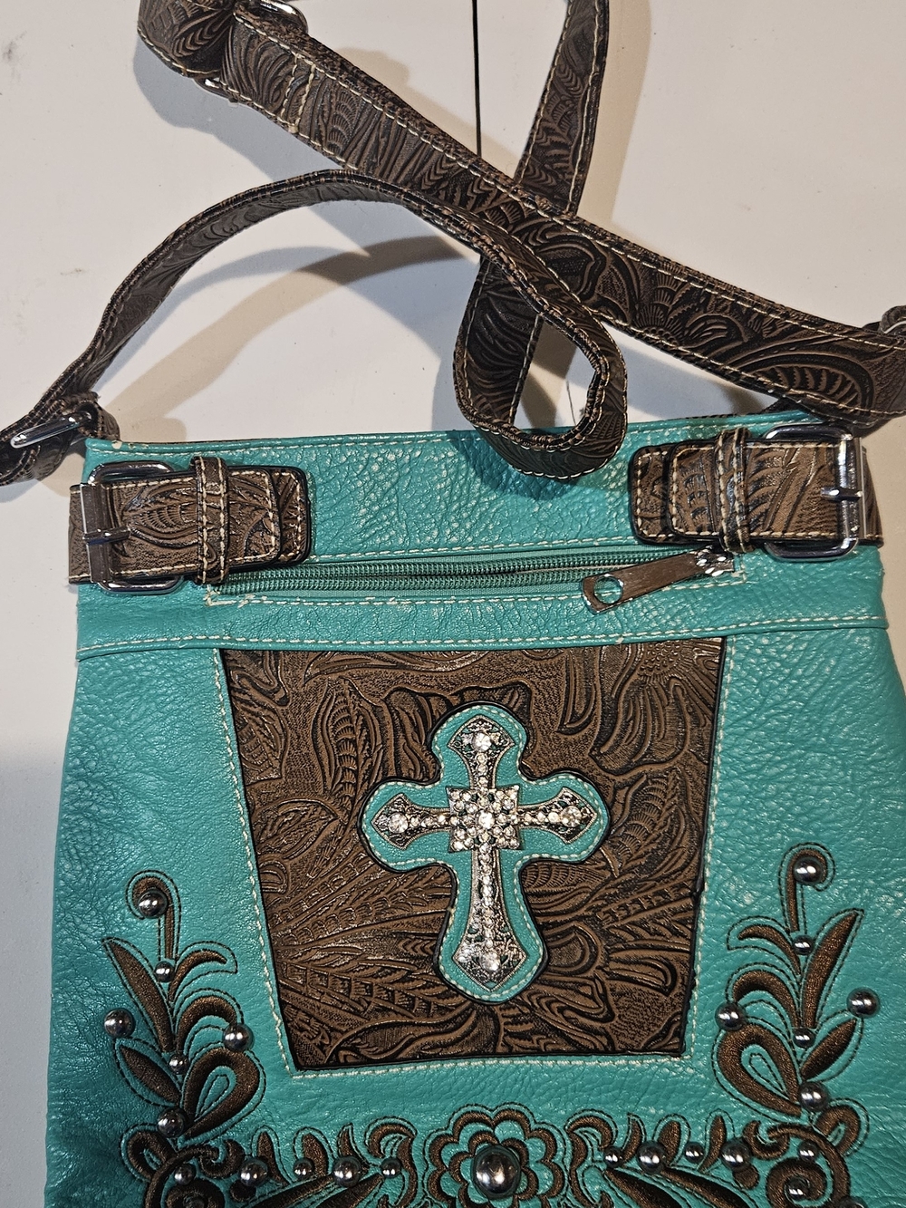 Turquoise Embellished Cross Accent Crossbody Bag